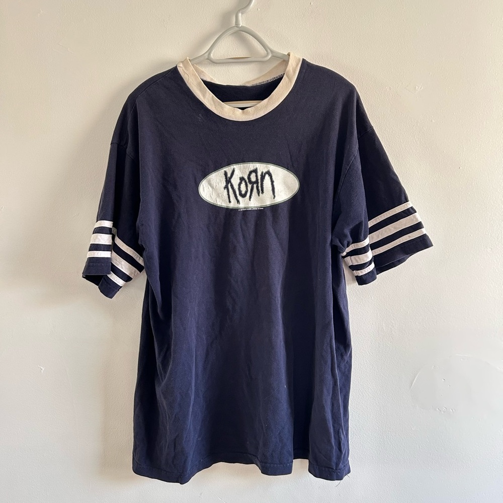 Vintage 1997 Korn Band T shirt Navy Blue with White Trim ringer